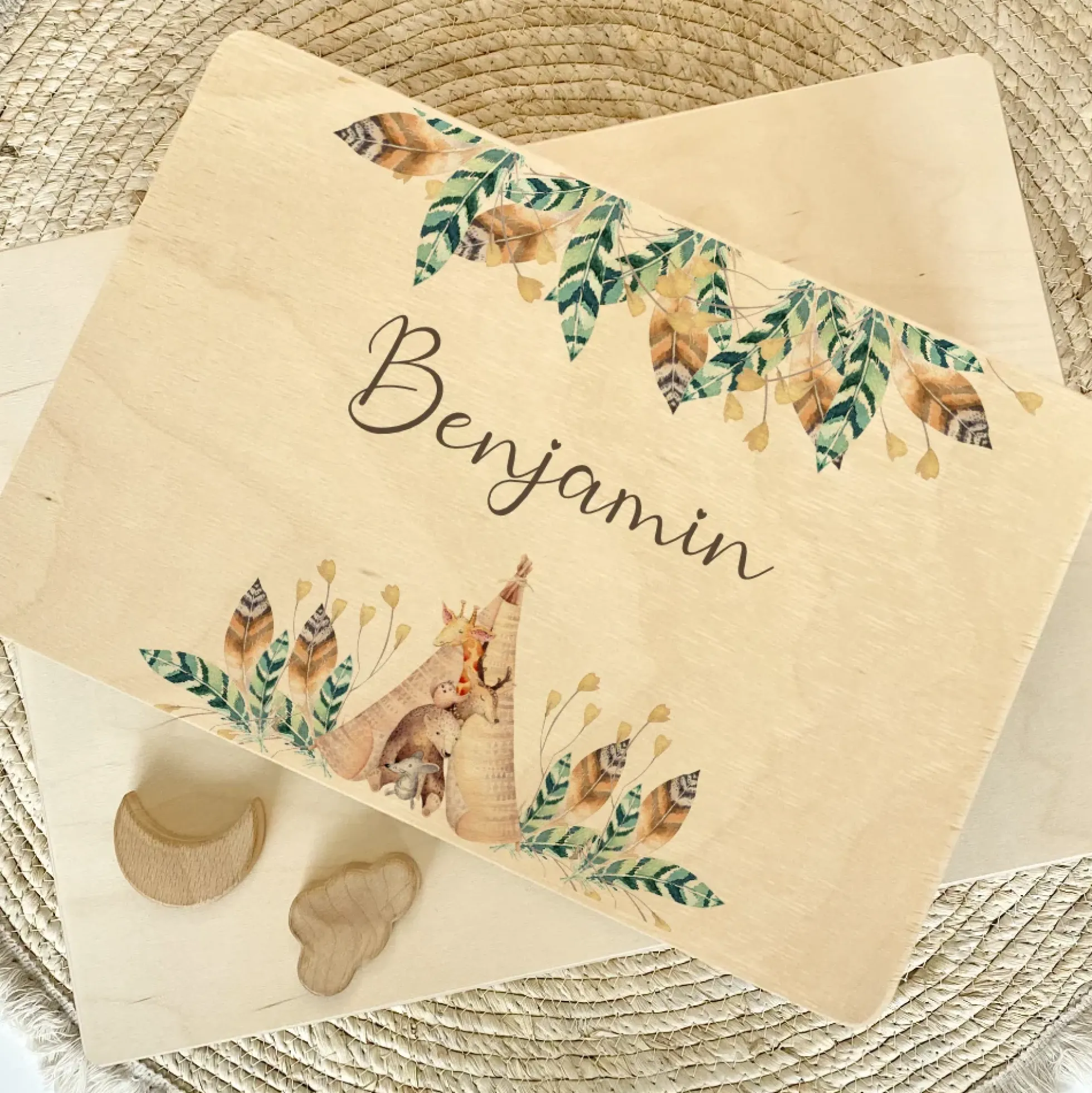 Personalisierte Erinnerungskiste "Boho Tiere" als Motiv für Babys zur Geburt und Taufe, Babygeschenk mit dem Namen, Holzkiste