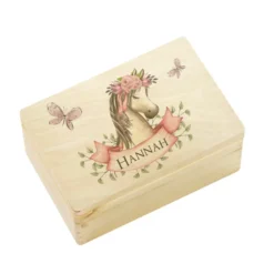Personalisierte Erinnerungskiste "Pony" als Motiv für Babys zur Geburt und Taufe, Babygeschenk mit dem Namen, Holzkiste