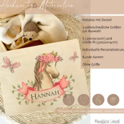 Personalisierte Erinnerungskiste "Pony" als Motiv für Babys zur Geburt und Taufe, Babygeschenk mit dem Namen, Holzkiste