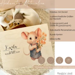Personalisierte Erinnerungskiste "Maus" als Motiv für Babys zur Geburt und Taufe, Babygeschenk mit dem Namen, Holzkiste