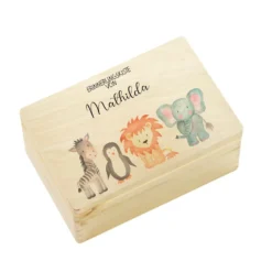 Personalisierte Erinnerungskiste "Aquarell Tiere" als Motiv für Babys zur Geburt und Taufe, Babygeschenk mit dem Namen, Holzkiste