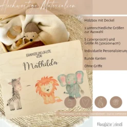 Personalisierte Erinnerungskiste "Aquarell Tiere" als Motiv für Babys zur Geburt und Taufe, Babygeschenk mit dem Namen, Holzkiste