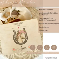 Personalisierte Erinnerungskiste mit Pony Motiv für Babys zur Geburt und Taufe, Babygeschenk mit dem Namen, Holzkiste