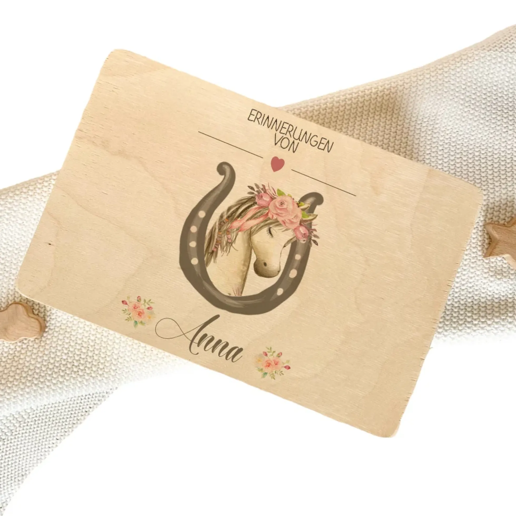 Personalisierte Erinnerungskiste mit Pony Motiv für Babys zur Geburt und Taufe, Babygeschenk mit dem Namen, Holzkiste