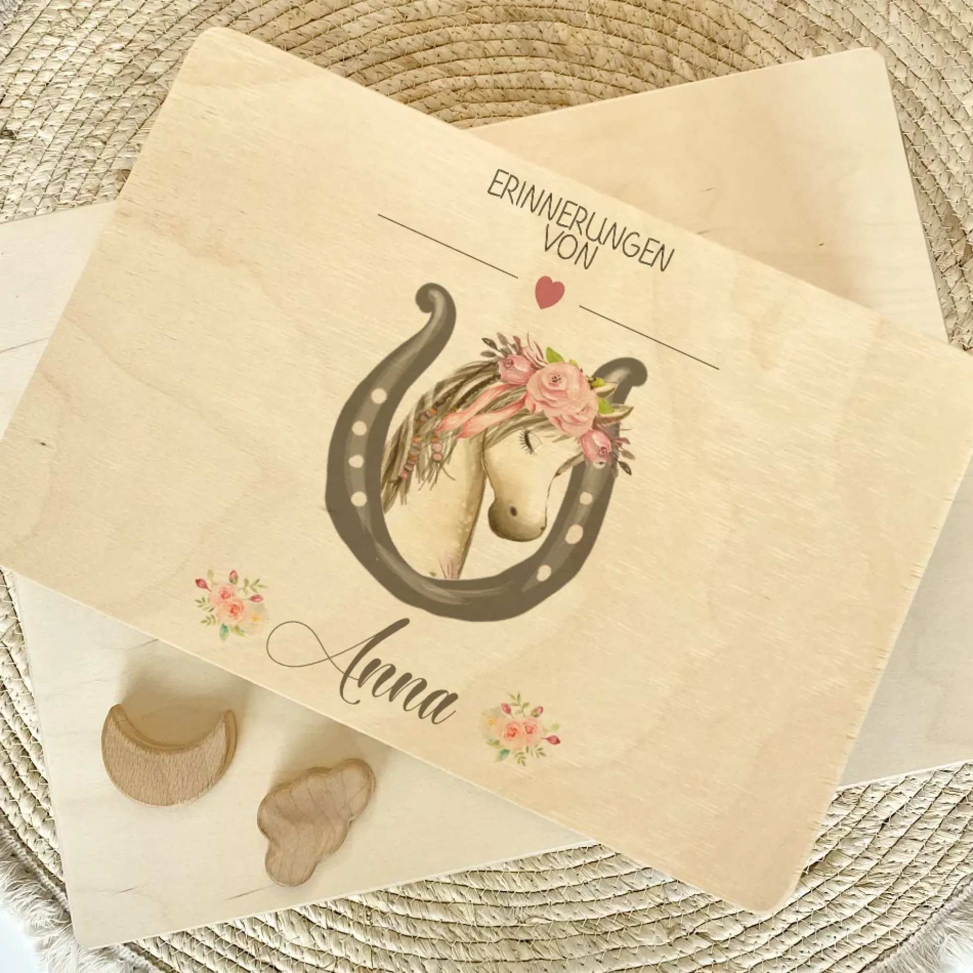 Personalisierte Erinnerungskiste mit Pony Motiv für Babys zur Geburt und Taufe, Babygeschenk mit dem Namen, Holzkiste