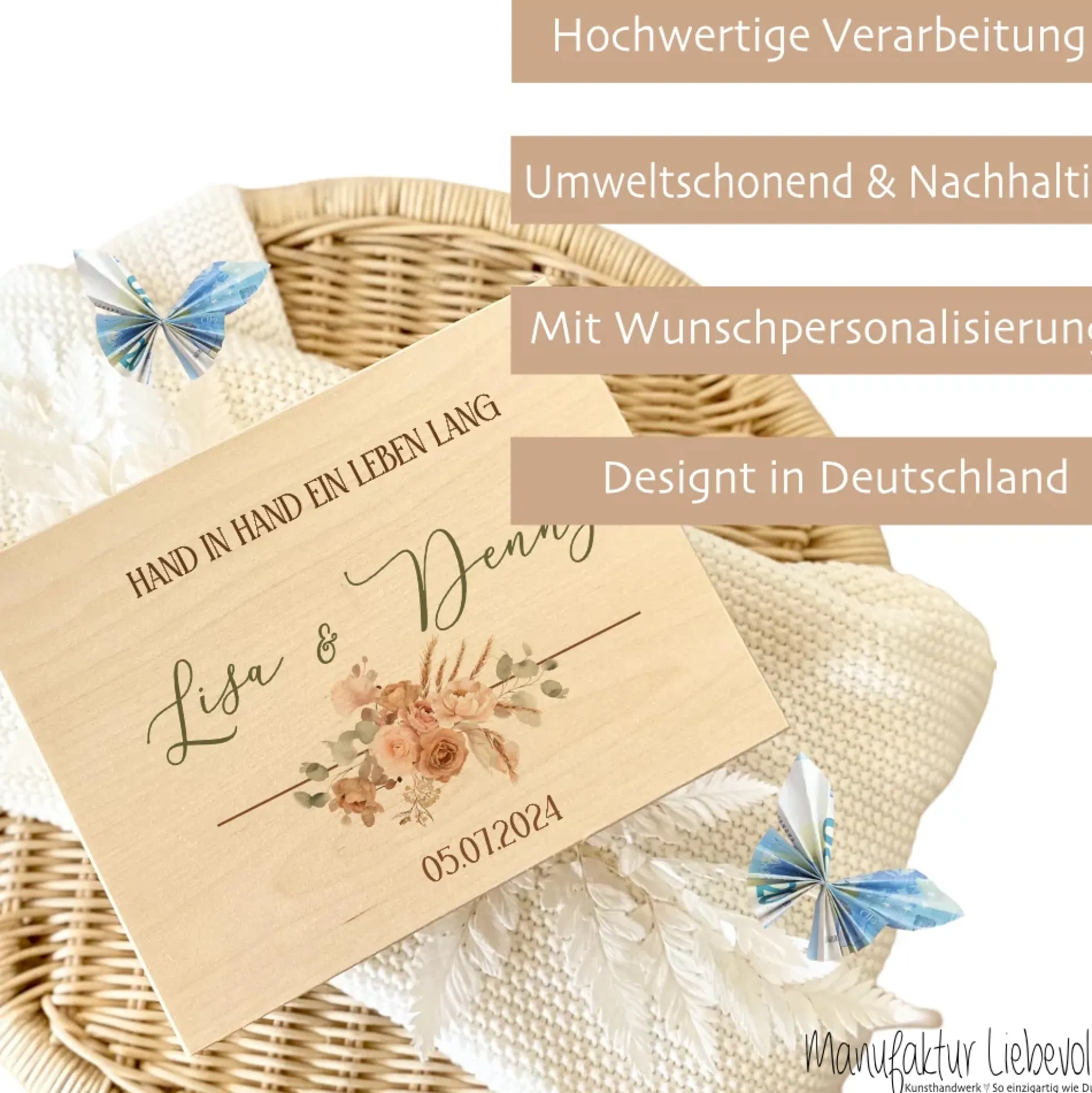 Personalisierte florale Erinnerungskiste zur Hochzeit, Holzbox als Geschenk für das Brautpaar, Hochzeitsgeschenk