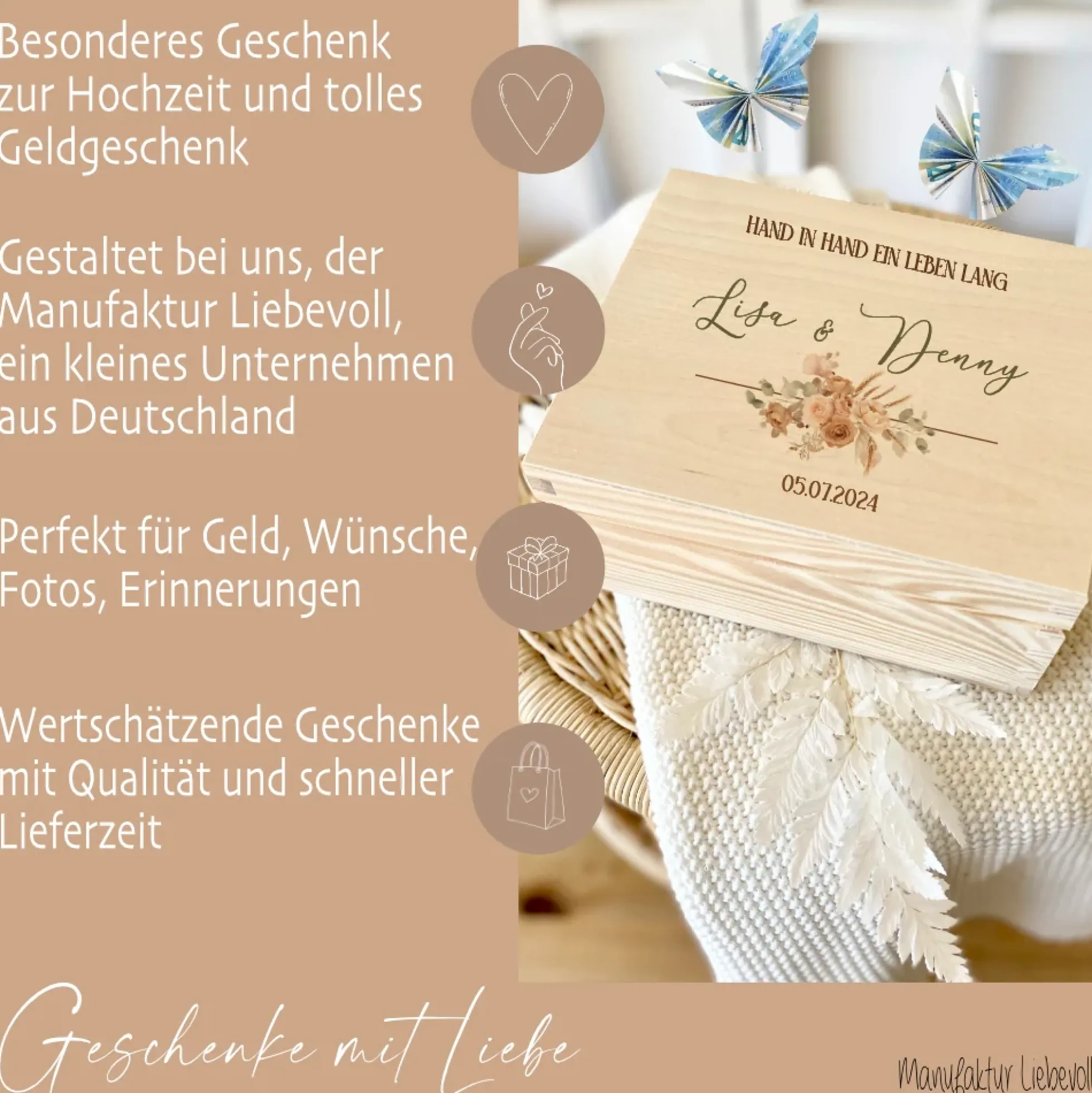 Personalisierte florale Erinnerungskiste zur Hochzeit, Holzbox als Geschenk für das Brautpaar, Hochzeitsgeschenk