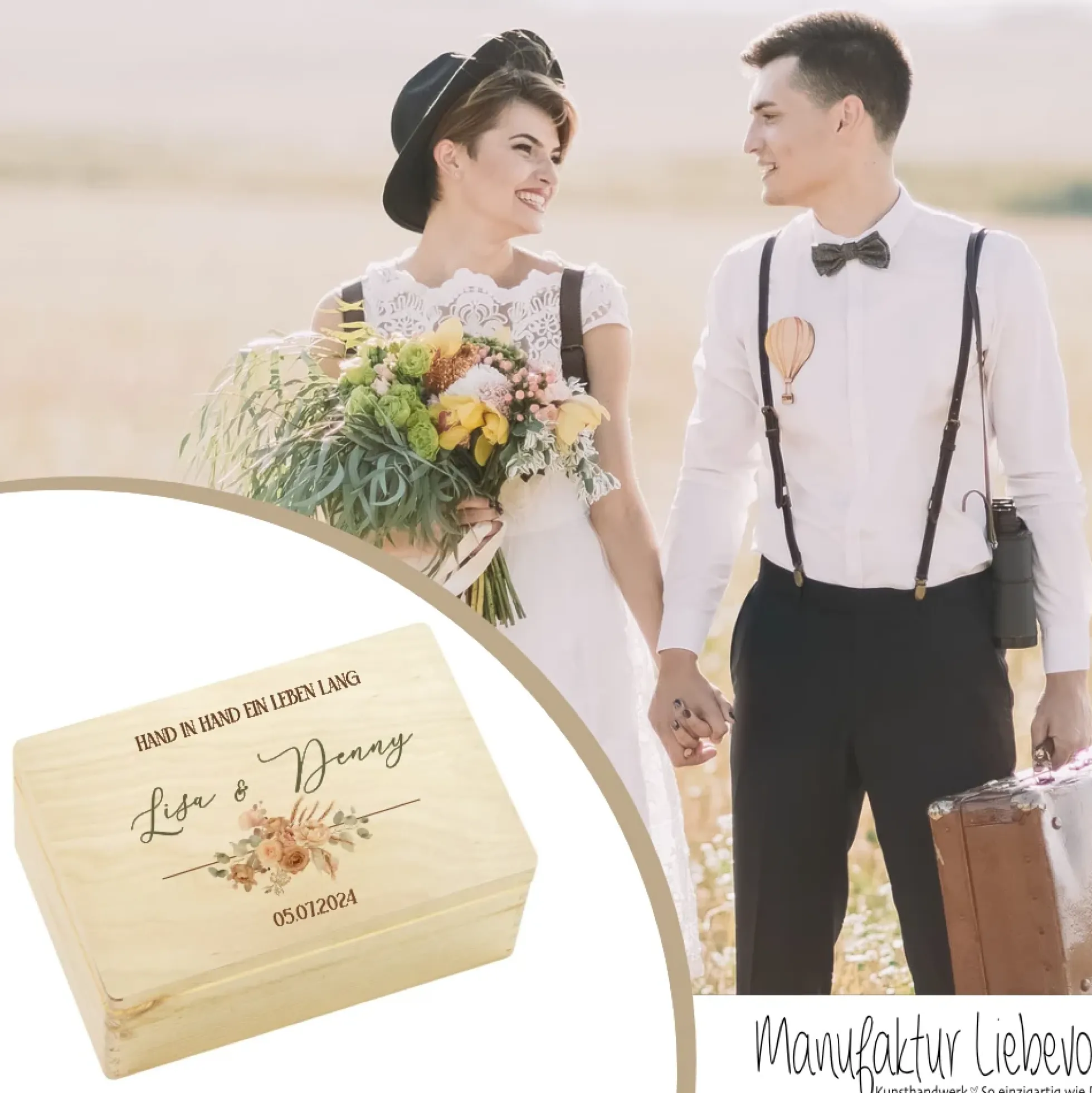 Personalisierte florale Erinnerungskiste zur Hochzeit, Holzbox als Geschenk für das Brautpaar, Hochzeitsgeschenk
