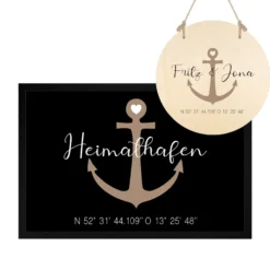 Personalisierte Fußmatte Heimathafen mit Koordinaten u. Anker | Optional als Set mit Türschild erhältlich