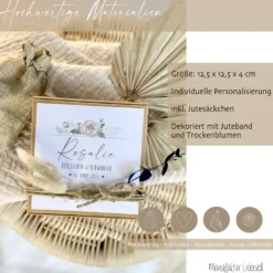 Personalisierte Geschenkschachtel, individuelles Geldgeschenk zur Taufe, Geburtstag, Kommunion, Jugendweihe, inkl. Jutebeutel I Manufaktur Liebevoll