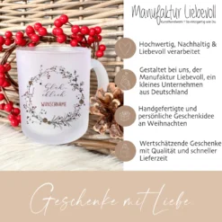 Personalisierte Glühweintasse "Glühcklich", Tasse aus Glas mit Wunschnamen und Weihnachtskranz