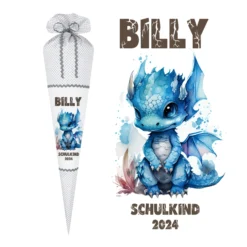 Personalisierte graue Stoff Schultüte blauer Drache | Personalisiert mit dem Namen für Jungen | Optional mit Füllkissen und Spitzenschutz