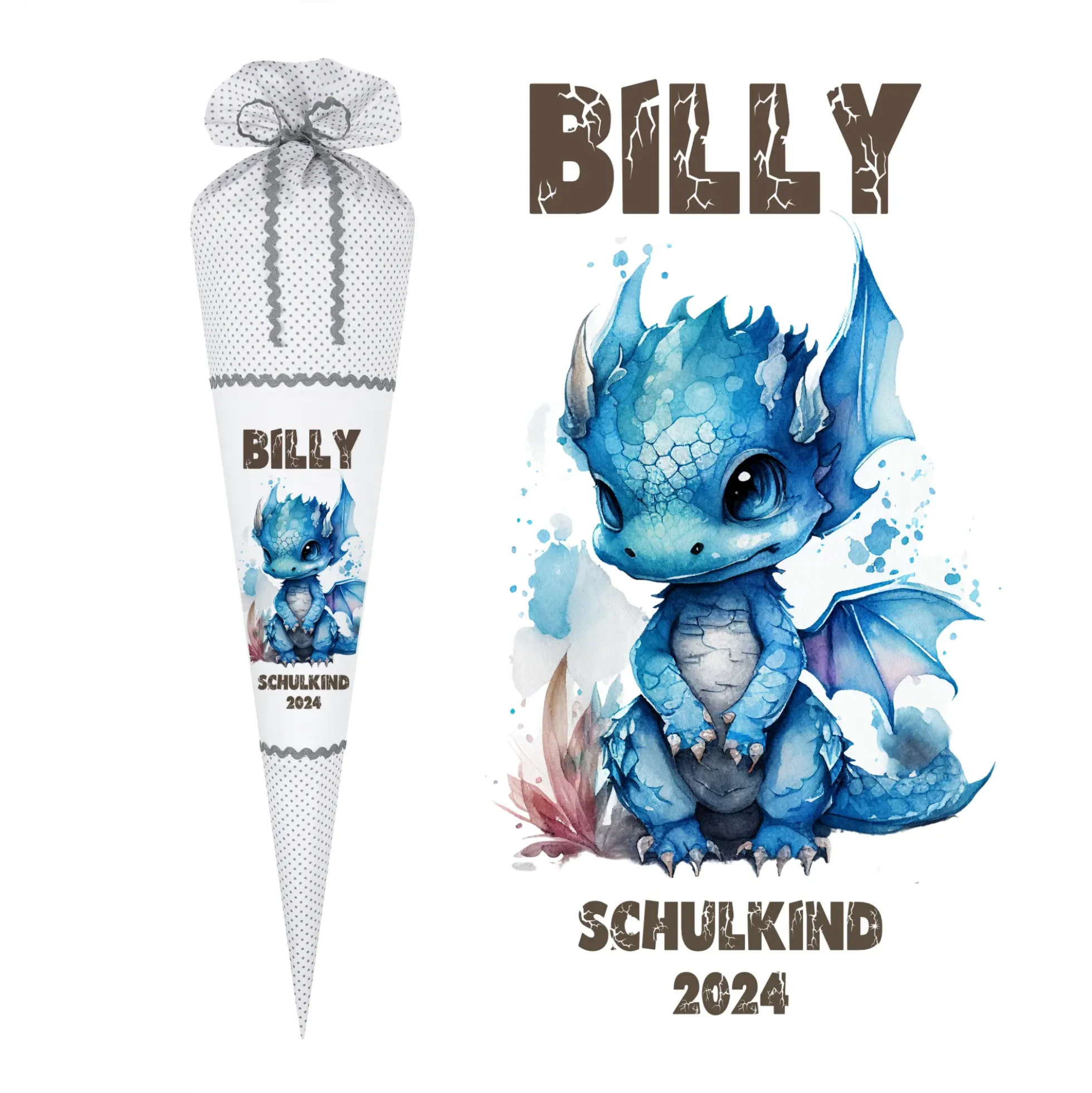 Personalisierte graue Stoff Schultüte blauer Drache | Personalisiert mit dem Namen für Jungen | Optional mit Füllkissen und Spitzenschutz