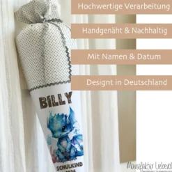 Personalisierte graue Stoff Schultüte blauer Drache | Personalisiert mit dem Namen für Jungen | Optional mit Füllkissen und Spitzenschutz