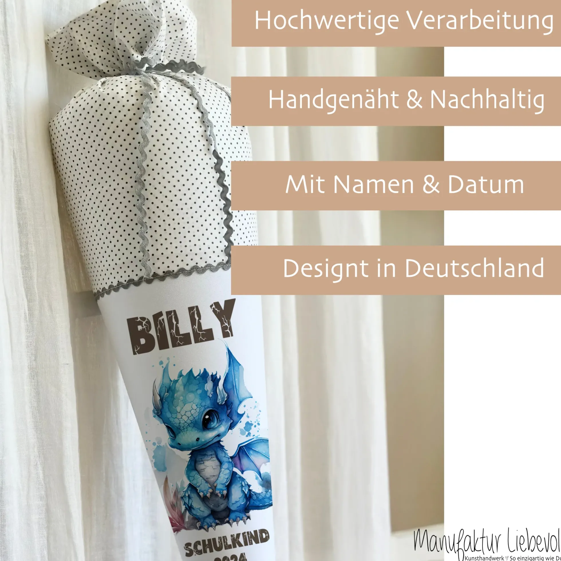 Personalisierte graue Stoff Schultüte blauer Drache | Personalisiert mit dem Namen für Jungen | Optional mit Füllkissen und Spitzenschutz