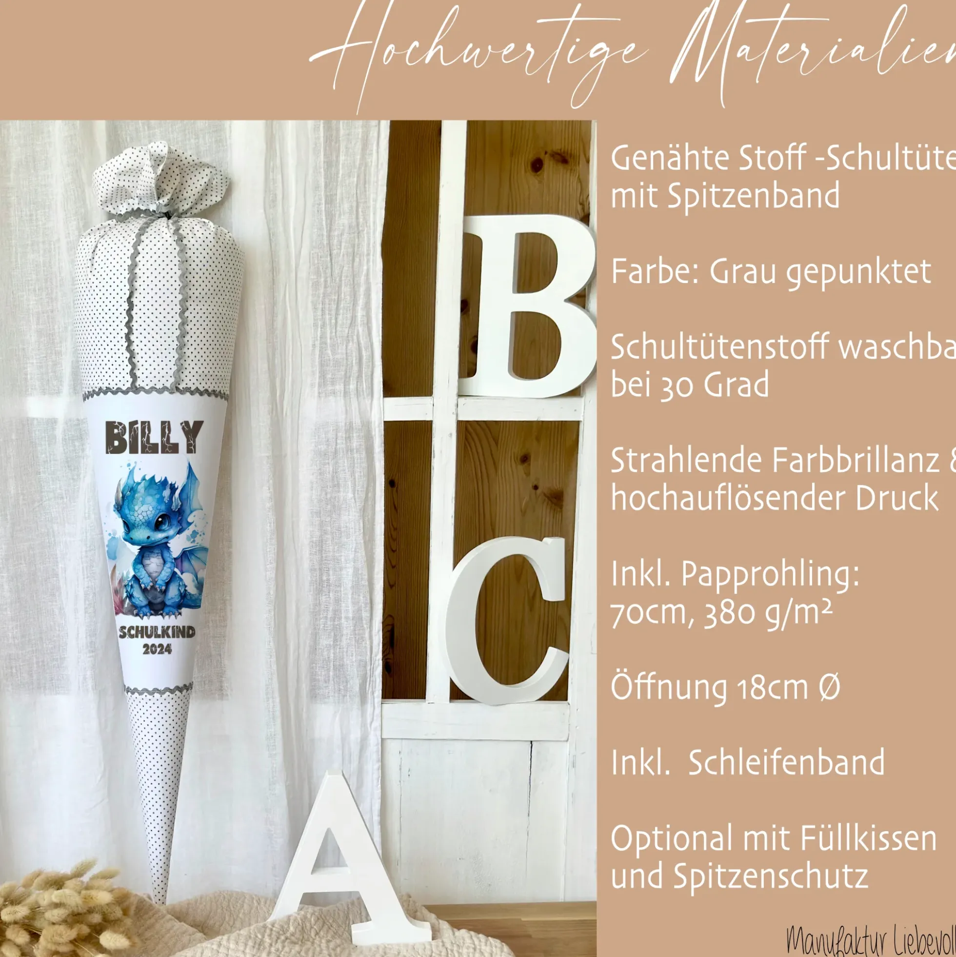 Personalisierte graue Stoff Schultüte blauer Drache | Personalisiert mit dem Namen für Jungen | Optional mit Füllkissen und Spitzenschutz
