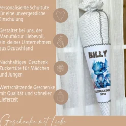 Personalisierte graue Stoff Schultüte blauer Drache | Personalisiert mit dem Namen für Jungen | Optional mit Füllkissen und Spitzenschutz