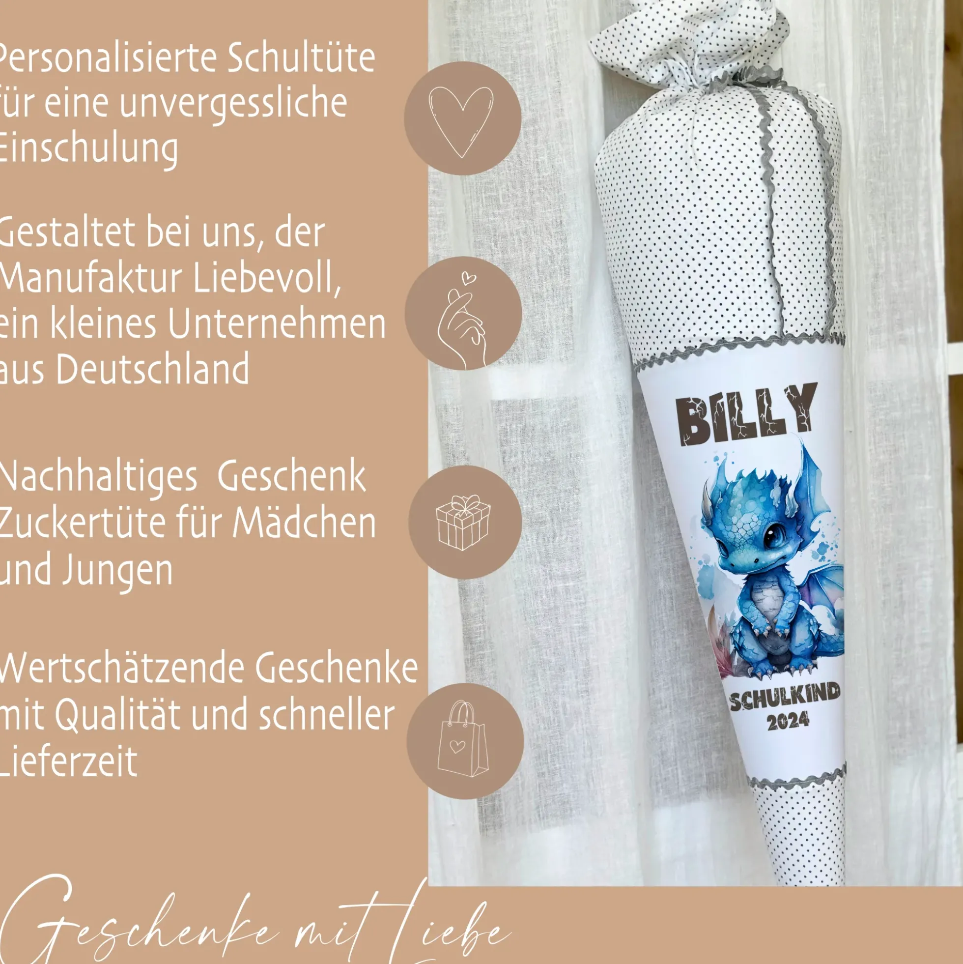 Personalisierte graue Stoff Schultüte blauer Drache | Personalisiert mit dem Namen für Jungen | Optional mit Füllkissen und Spitzenschutz