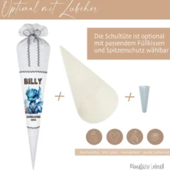 Personalisierte graue Stoff Schultüte blauer Drache | Personalisiert mit dem Namen für Jungen | Optional mit Füllkissen und Spitzenschutz