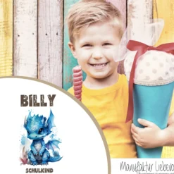 Personalisierte graue Stoff Schultüte blauer Drache | Personalisiert mit dem Namen für Jungen | Optional mit Füllkissen und Spitzenschutz