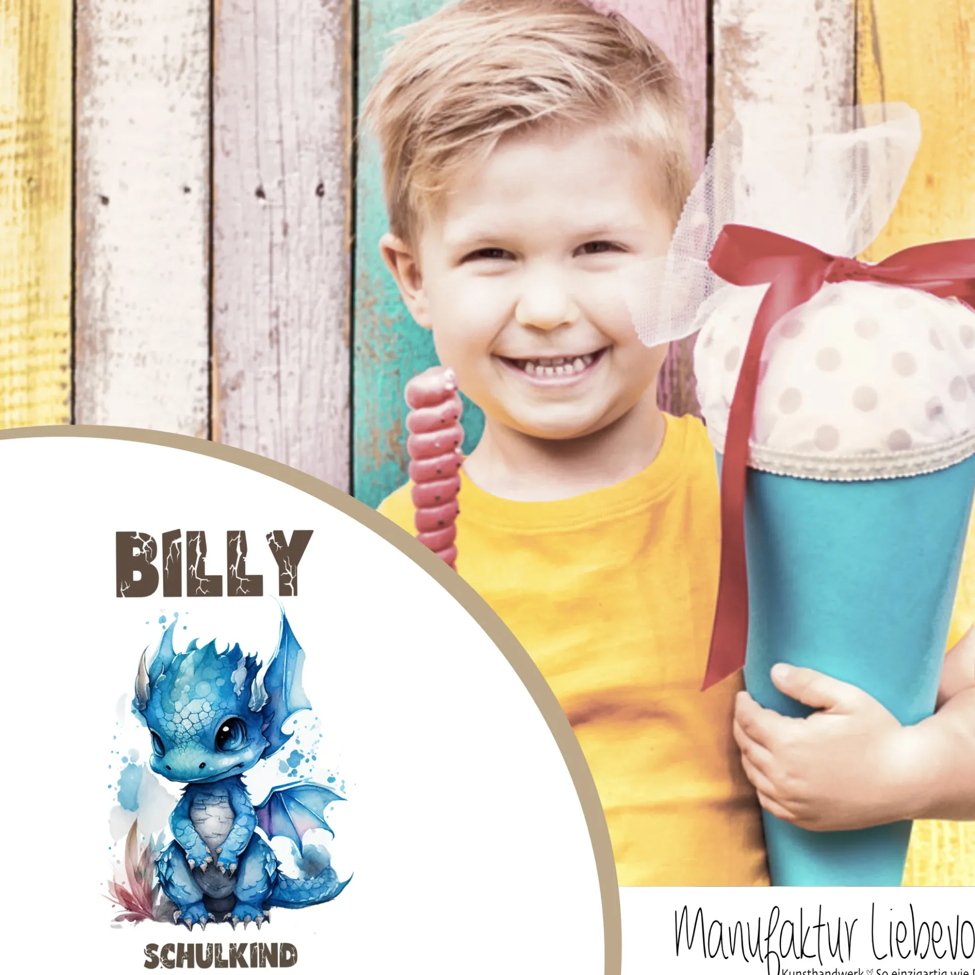 Personalisierte graue Stoff Schultüte blauer Drache | Personalisiert mit dem Namen für Jungen | Optional mit Füllkissen und Spitzenschutz