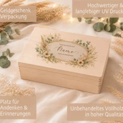 Personalisierte Holzbox mit Wunschtext, Erinnerungskiste mit Namen, Geschenk Geburtstag Hochzeit Abschied Dankeschön Holzkiste Geldgeschenk