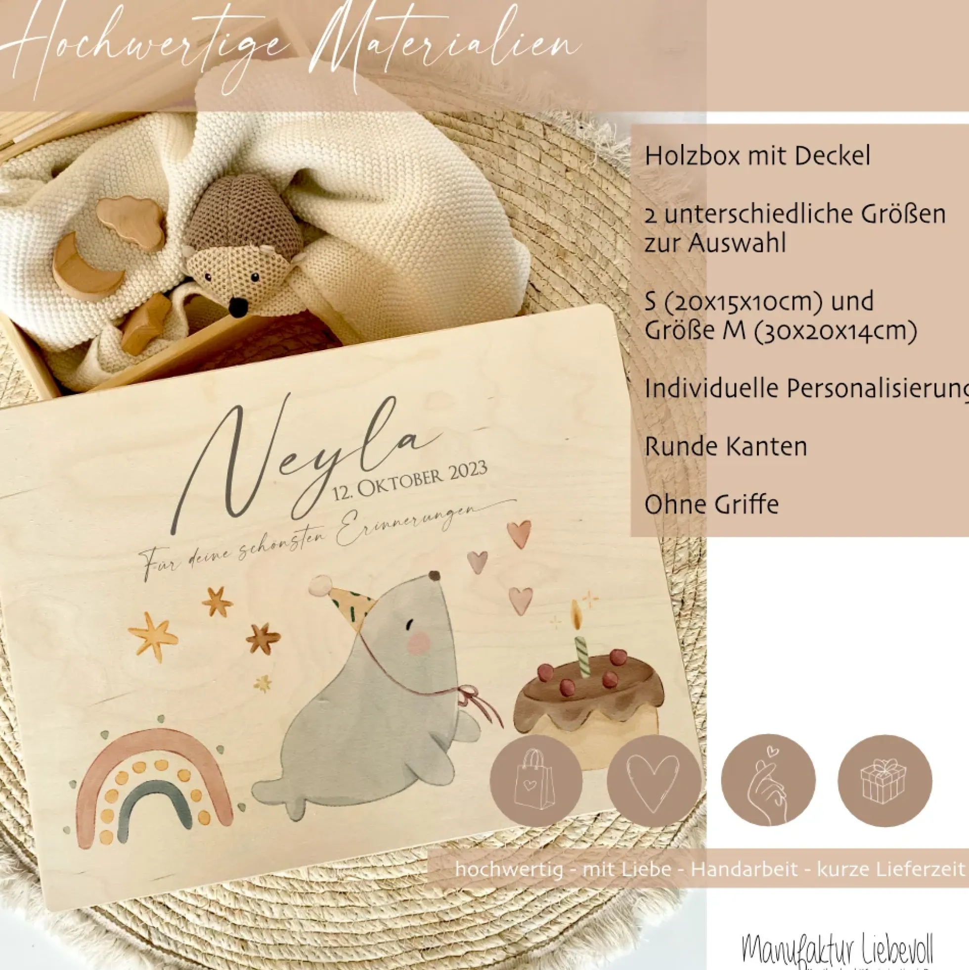 Personalisierte Holz Erinnerungsbox mit Motiv "Seerobbe"