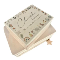 Personalisierte Holzkiste für Babys, Erinnerungsbox mit Deckel, Namen u. Geburtsdatum | Motiv: Tierkranz