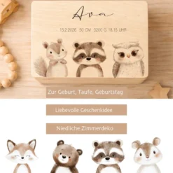 Personalisierte Holzkiste mit Name – Erinnerungskiste für Baby & Kind – Geschenk zur Geburt oder Taufe – 2 Motive & 2 Größen