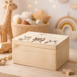 Personalisierte Holzkiste mit Name – Erinnerungskiste für Baby & Kind – Geschenk zur Geburt oder Taufe – 2 Motive & 2 Größen