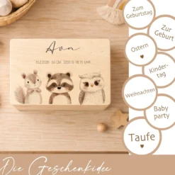 Personalisierte Holzkiste mit Name – Erinnerungskiste für Baby & Kind – Geschenk zur Geburt oder Taufe – 2 Motive & 2 Größen