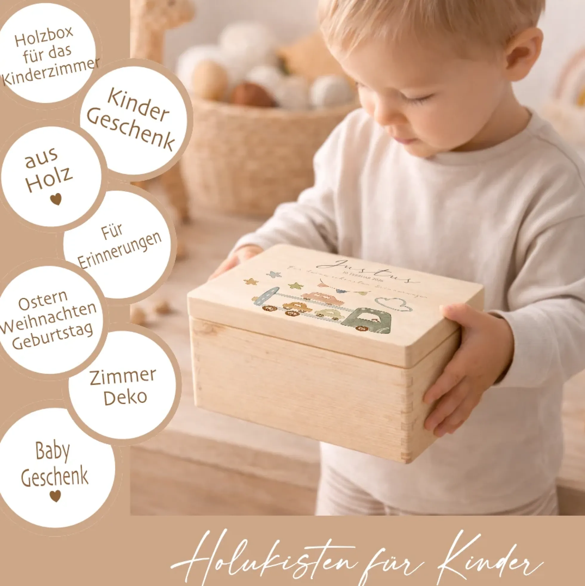 Personalisierte Holzkiste mit Name – Erinnerungskiste für Jungen mit Auto Motiv – Geschenk zur Geburt oder Taufe – 2 Größen
