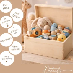 Personalisierte Holzkiste mit Name – Erinnerungskiste für Jungen mit Auto Motiv – Geschenk zur Geburt oder Taufe – 2 Größen