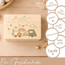 Personalisierte Holzkiste mit Name – Erinnerungskiste für Jungen mit Auto Motiv – Geschenk zur Geburt oder Taufe – 2 Größen