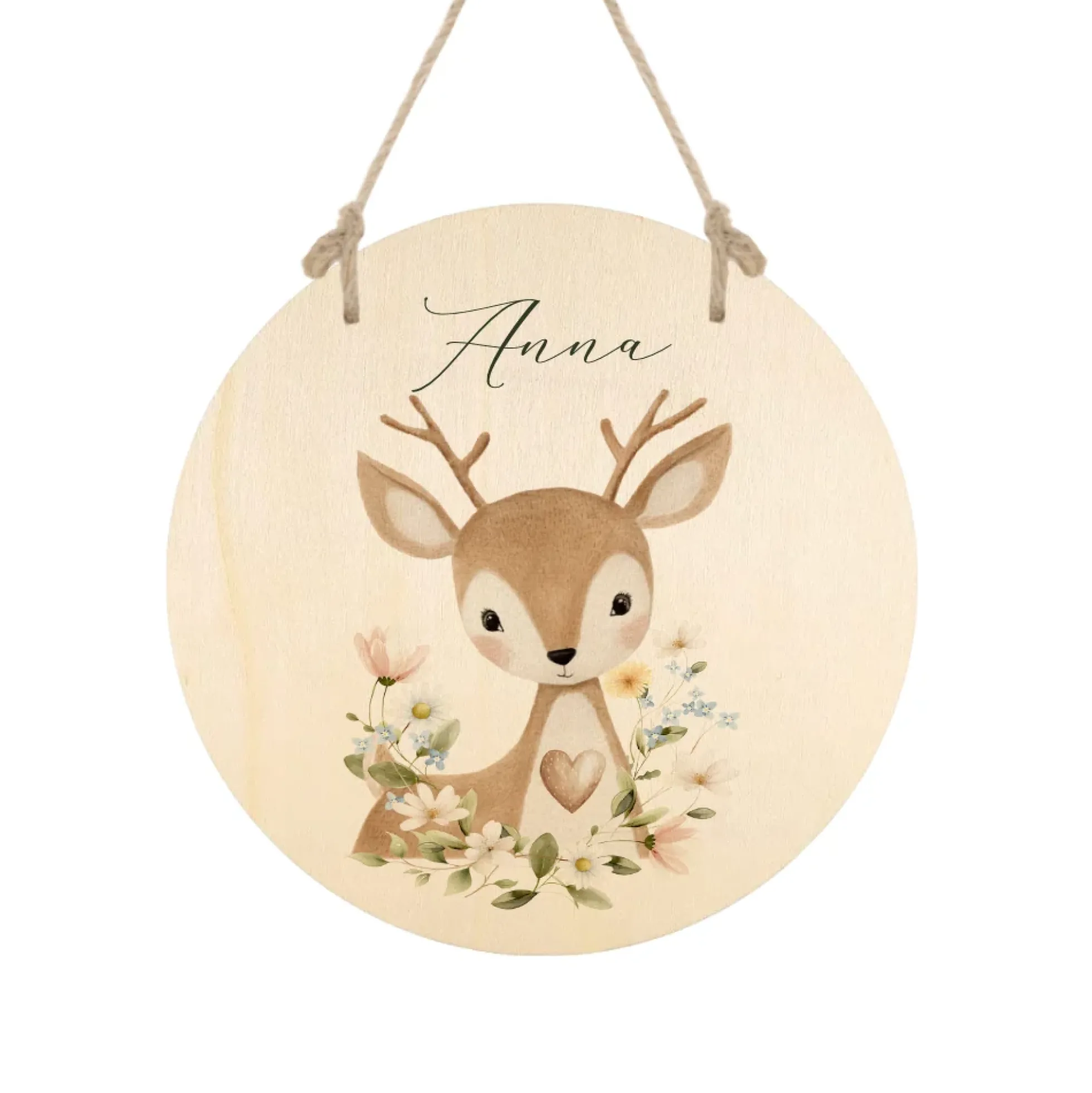 Personalisierte Holzschilder mit Namen – Süße Waldtiere Motive im Boho-Stil – Rundes Türschild & Wanddeko fürs Kinderzimmer 20cm