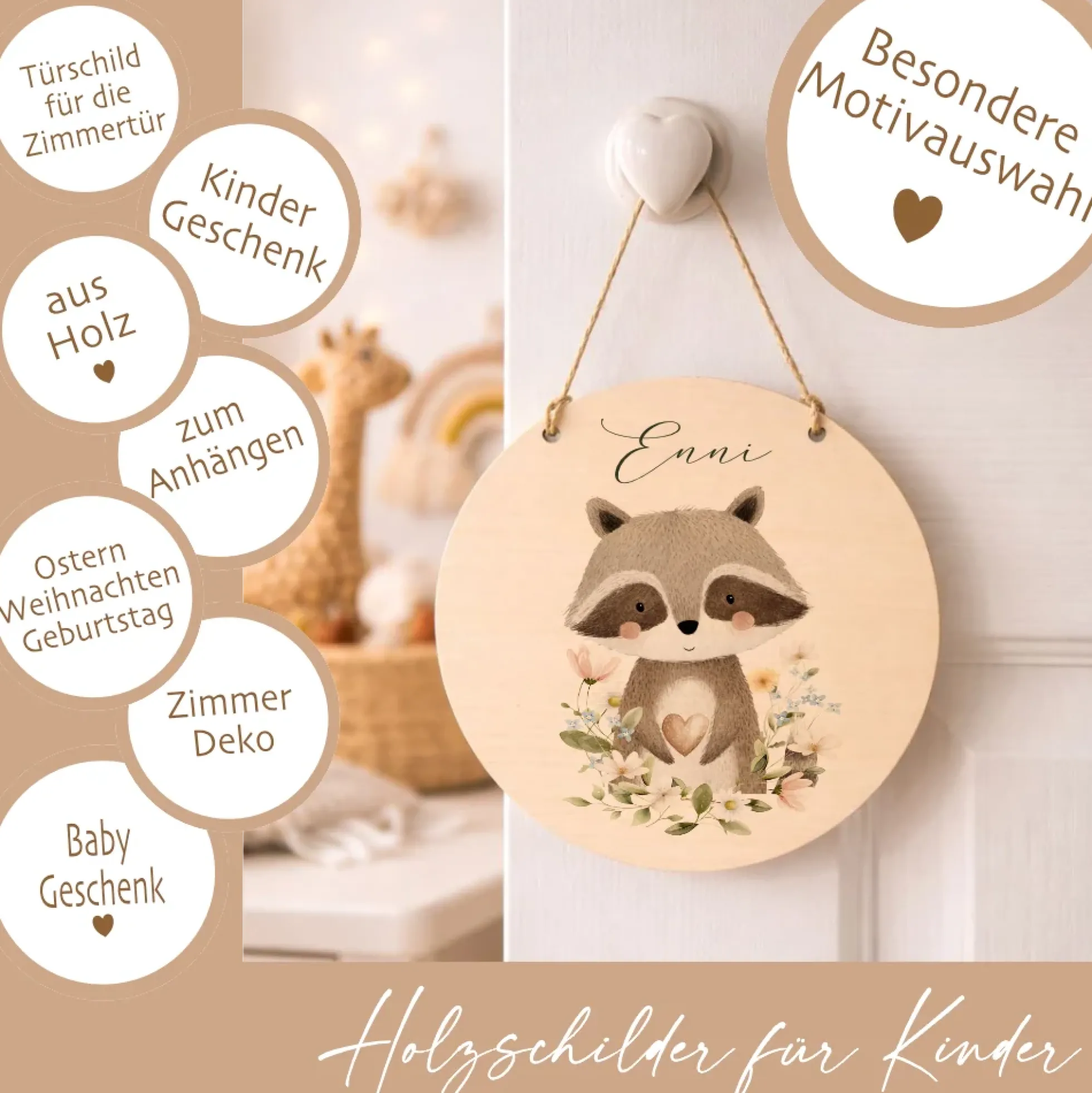 Personalisierte Holzschilder mit Namen – Süße Waldtiere Motive im Boho-Stil – Rundes Türschild & Wanddeko fürs Kinderzimmer 20cm