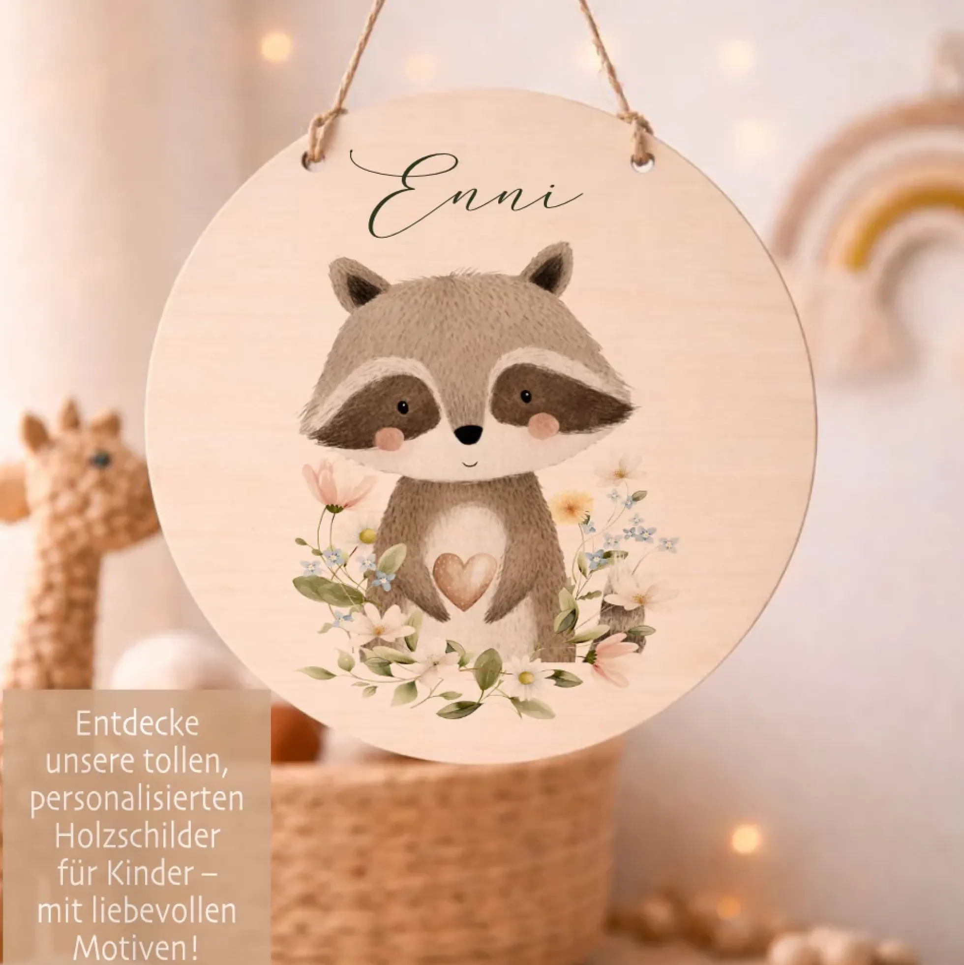 Personalisierte Holzschilder mit Namen – Süße Waldtiere Motive im Boho-Stil – Rundes Türschild & Wanddeko fürs Kinderzimmer 20cm