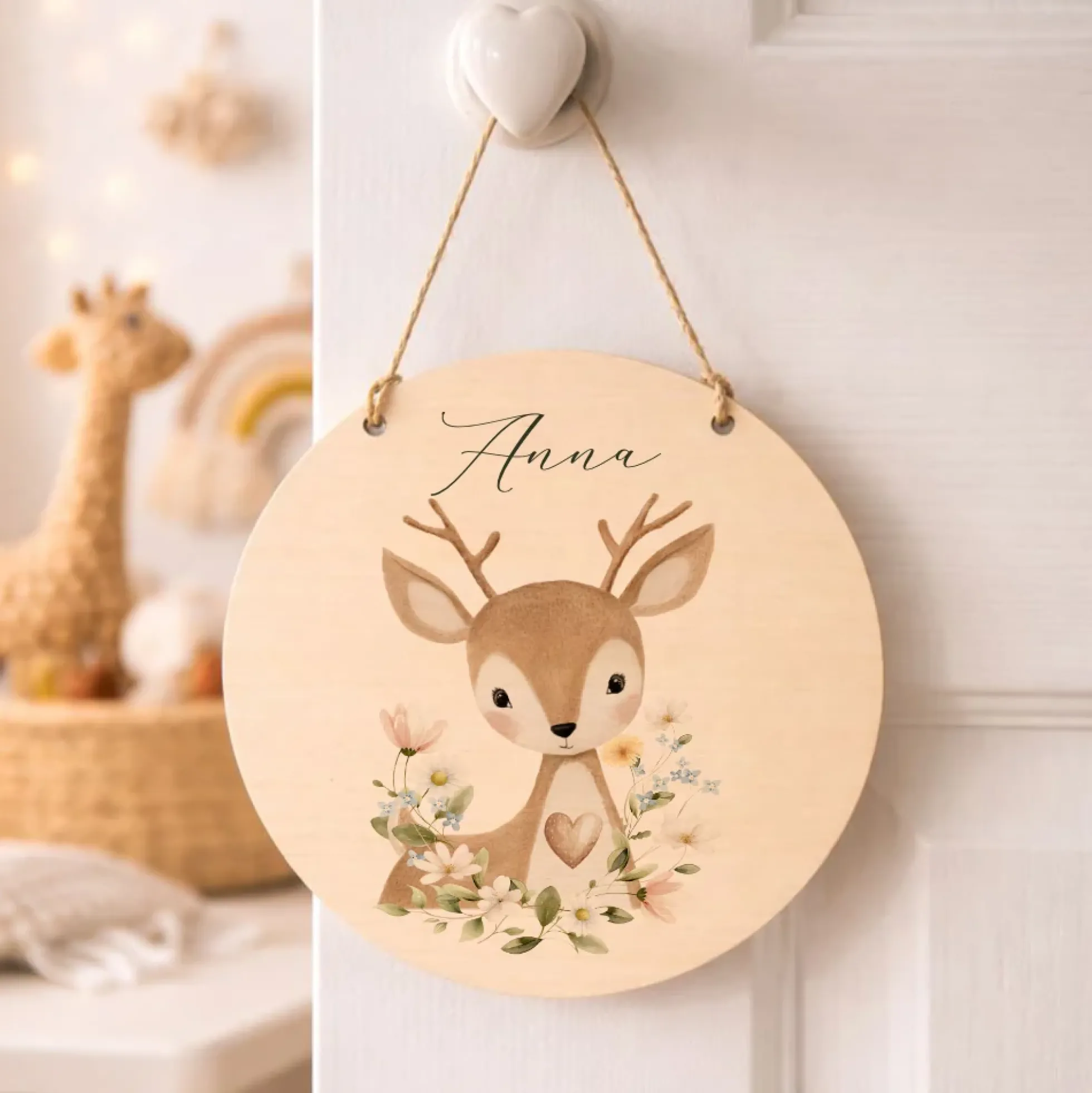 Personalisierte Holzschilder mit Namen – Süße Waldtiere Motive im Boho-Stil – Rundes Türschild & Wanddeko fürs Kinderzimmer 20cm