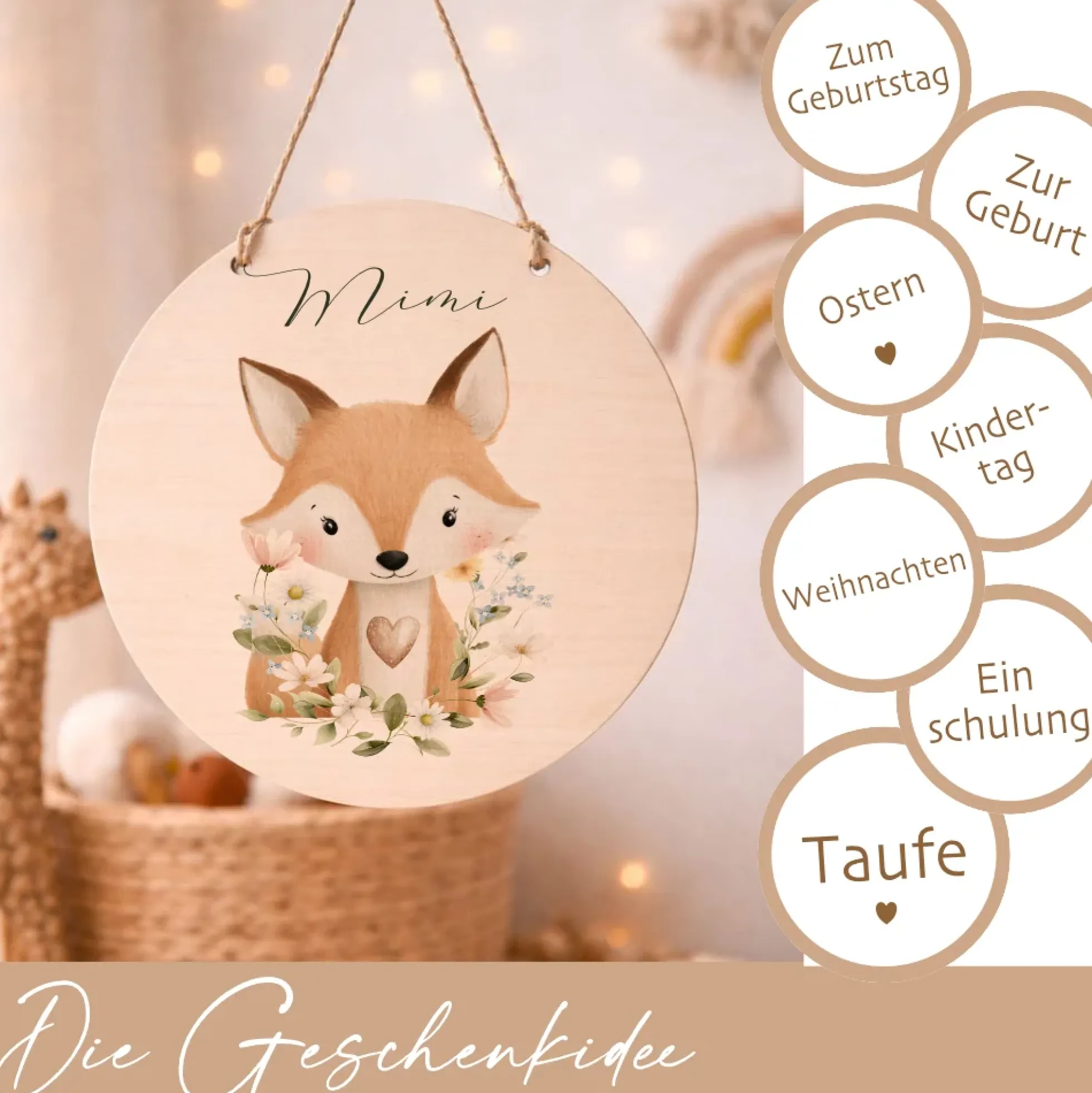 Personalisierte Holzschilder mit Namen – Süße Waldtiere Motive im Boho-Stil – Rundes Türschild & Wanddeko fürs Kinderzimmer 20cm