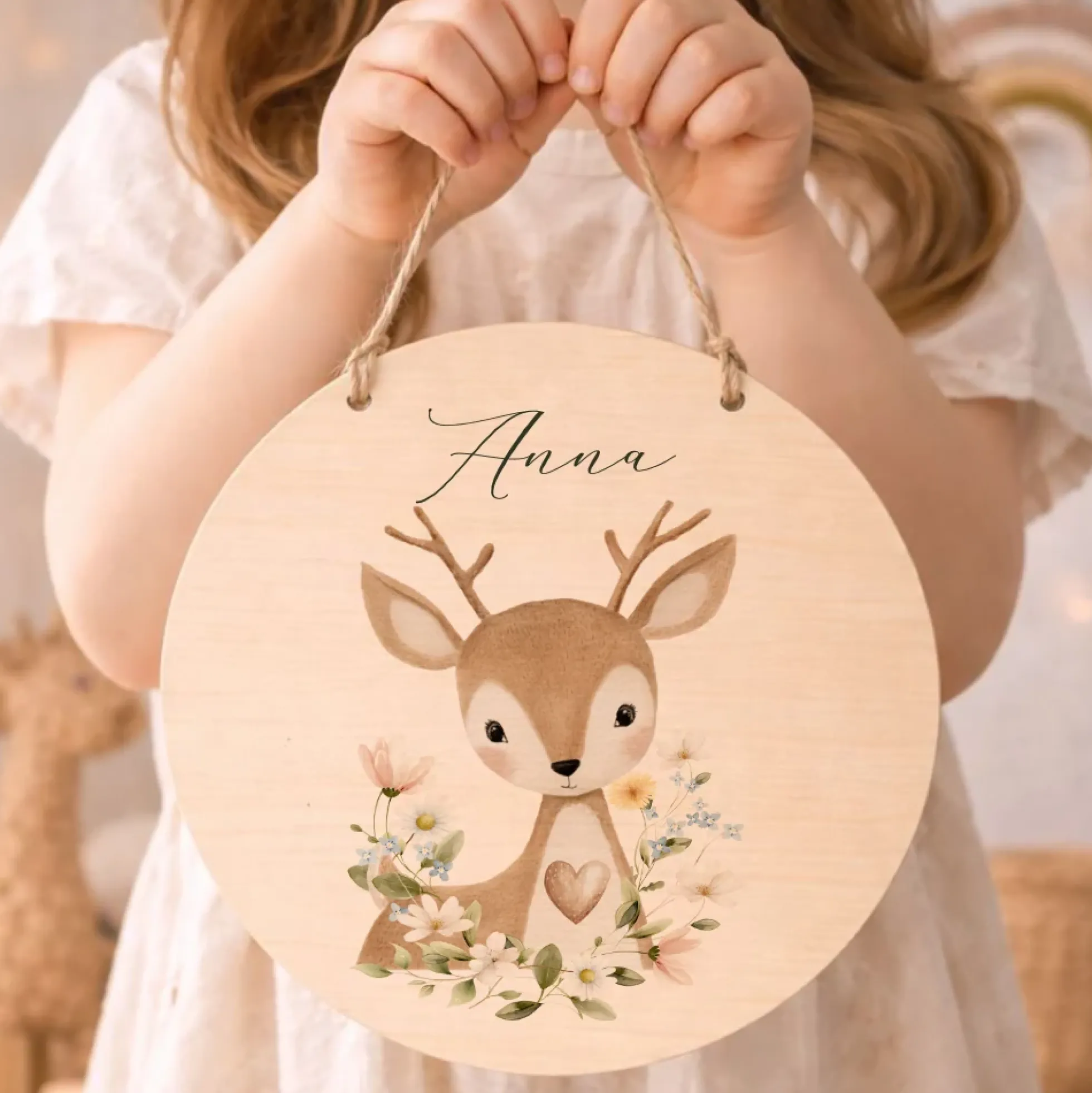 Personalisierte Holzschilder mit Namen – Süße Waldtiere Motive im Boho-Stil – Rundes Türschild & Wanddeko fürs Kinderzimmer 20cm