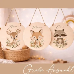 Personalisierte Holzschilder mit Namen – Süße Waldtiere Motive im Boho-Stil – Rundes Türschild & Wanddeko fürs Kinderzimmer 20cm