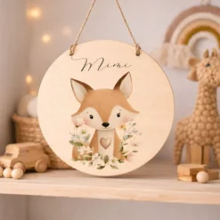 Personalisierte Holzschilder mit Namen – Süße Waldtiere Motive im Boho-Stil – Rundes Türschild & Wanddeko fürs Kinderzimmer 20cm