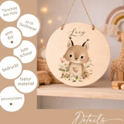 Personalisierte Holzschilder mit Namen – Süße Waldtiere Motive im Boho-Stil – Rundes Türschild & Wanddeko fürs Kinderzimmer 20cm