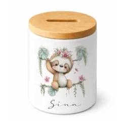 Personalisierte Keramik-Spardose mit Bambusdeckel für Kinder & Babys | Individuelles Geldgeschenk mit Namen | Motive: Igel, Faultier, Otter, Ente, Küken