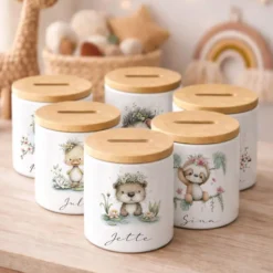 Personalisierte Keramik-Spardose mit Bambusdeckel für Kinder & Babys | Individuelles Geldgeschenk mit Namen | Motive: Igel, Faultier, Otter, Ente, Küken