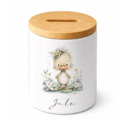 Personalisierte Keramik-Spardose mit Bambusdeckel für Kinder & Babys | Individuelles Geldgeschenk mit Namen | Motive: Igel, Faultier, Otter, Ente, Küken