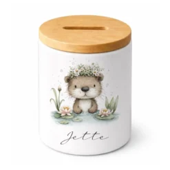 Personalisierte Keramik-Spardose mit Bambusdeckel für Kinder & Babys | Individuelles Geldgeschenk mit Namen | Motive: Igel, Faultier, Otter, Ente, Küken