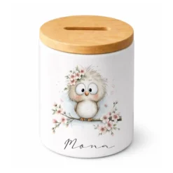 Personalisierte Keramik-Spardose mit Bambusdeckel für Kinder & Babys | Individuelles Geldgeschenk mit Namen | Motive: Igel, Faultier, Otter, Ente, Küken