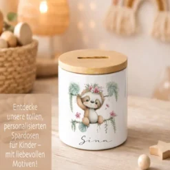 Personalisierte Keramik-Spardose mit Bambusdeckel für Kinder & Babys | Individuelles Geldgeschenk mit Namen | Motive: Igel, Faultier, Otter, Ente, Küken