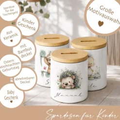 Personalisierte Keramik-Spardose mit Bambusdeckel für Kinder & Babys | Individuelles Geldgeschenk mit Namen | Motive: Igel, Faultier, Otter, Ente, Küken
